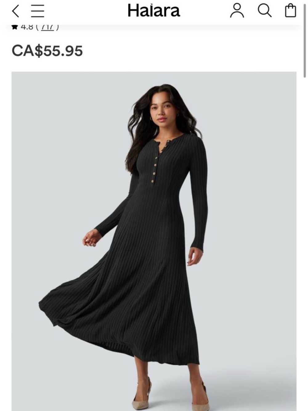 HALARA Black Rib-Knit Henley Long Sleeve Maxi Dress